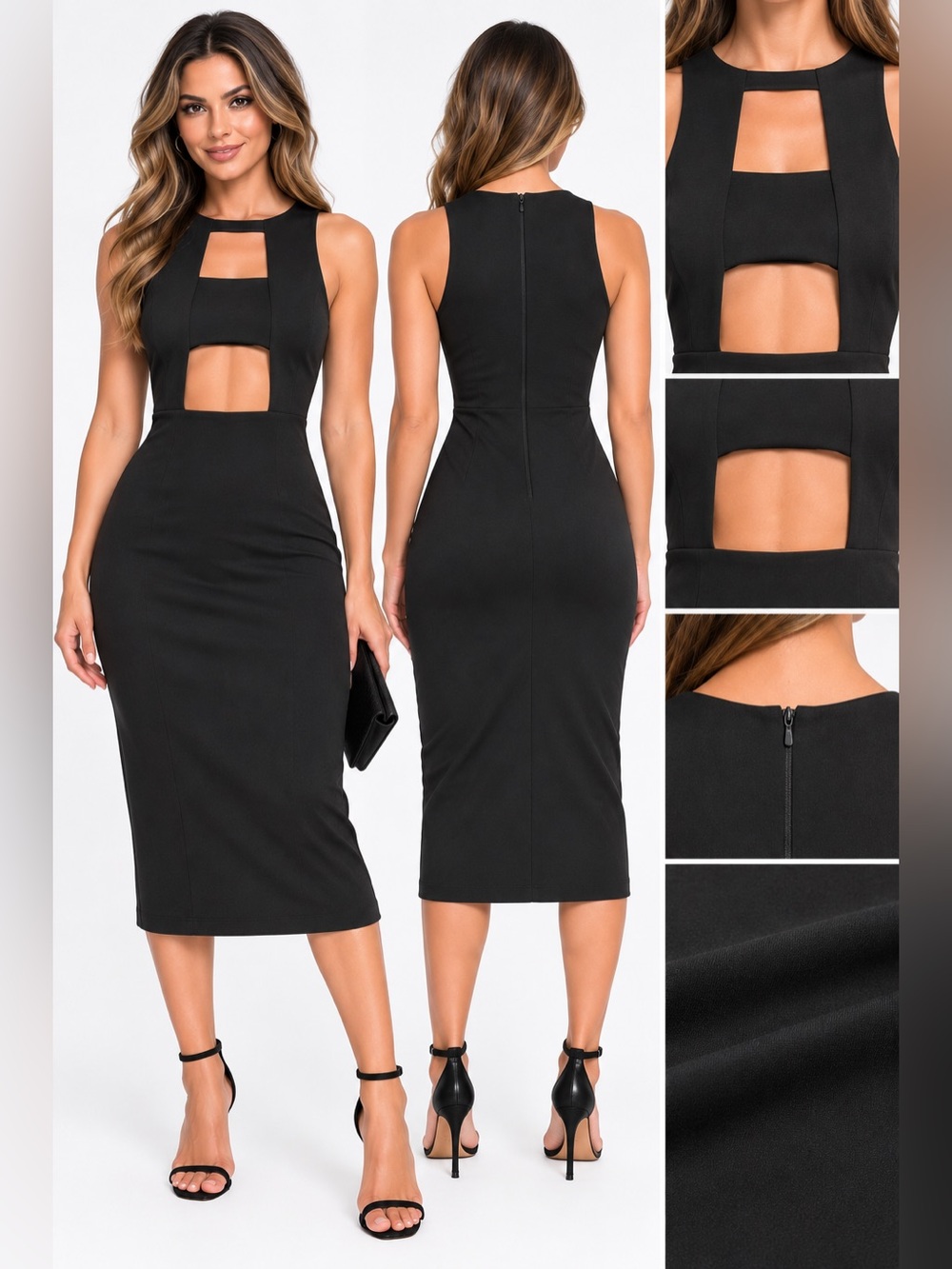 Missguided Black Cutout Bodycon Midi Dress Size 6 Sleeveless Cocktail Party